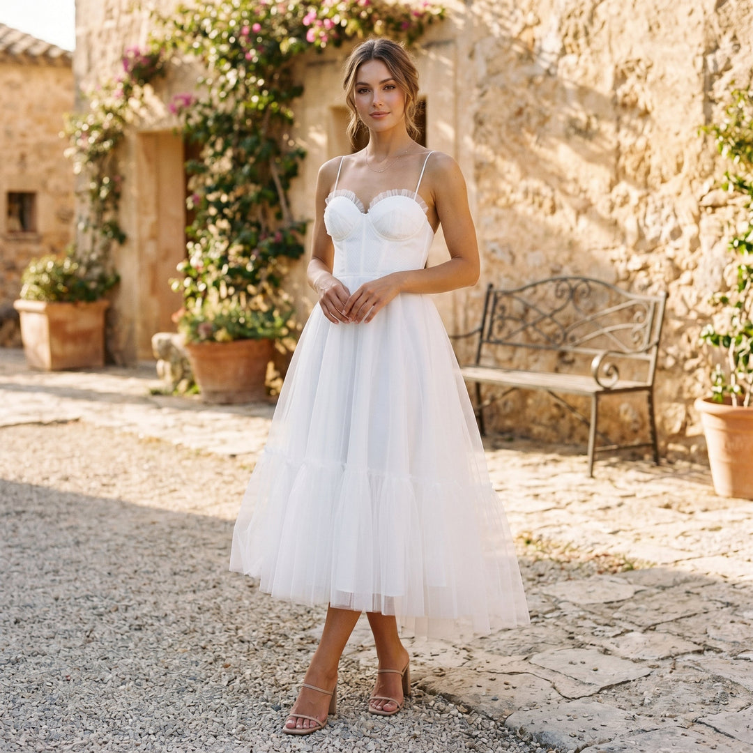 Elegant White Tulle Midi Dress for Women