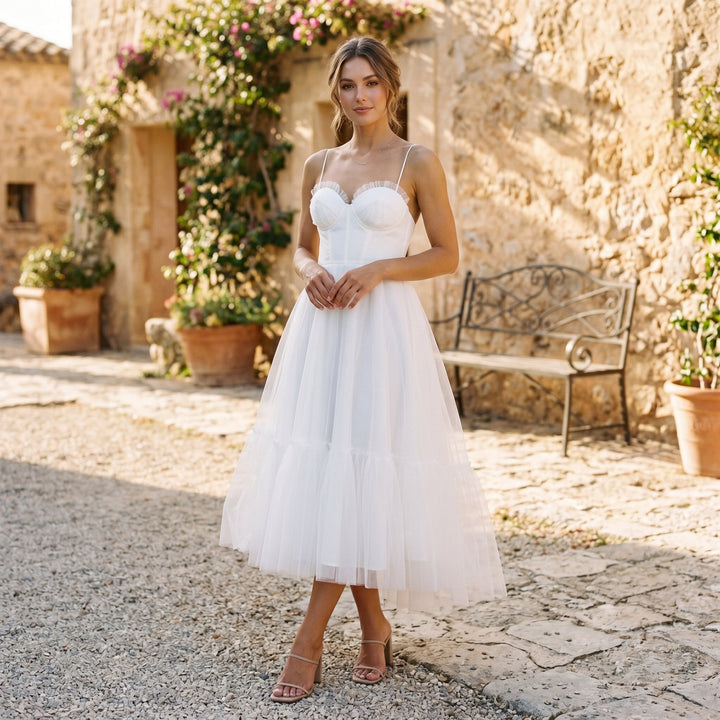 Elegant White Tulle Midi Dress for Women