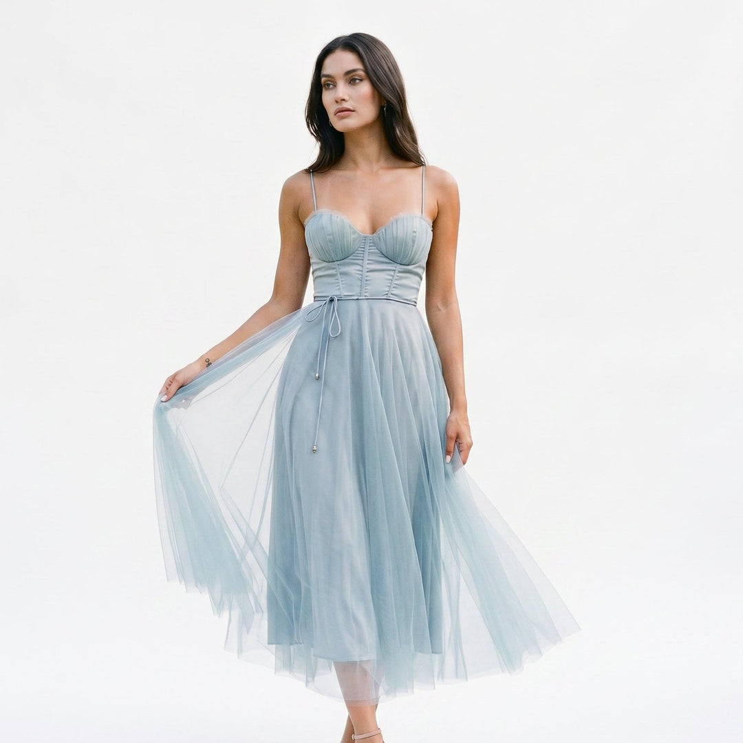 Elegant White Tulle Midi Dress for Women