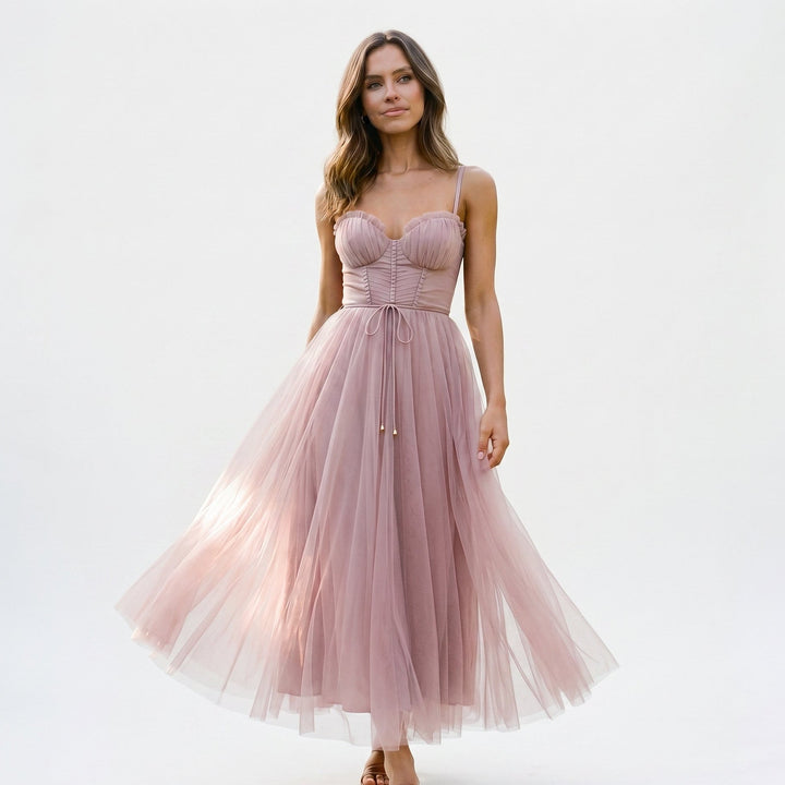 Elegant White Tulle Midi Dress for Women