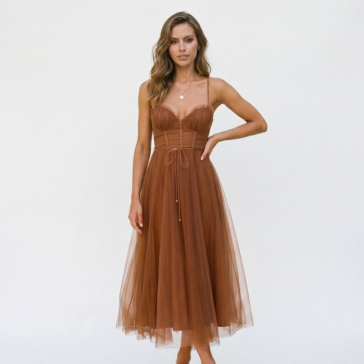 Elegant White Tulle Midi Dress for Women