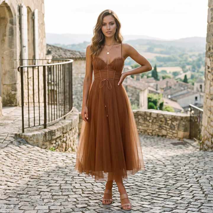 Elegant White Tulle Midi Dress for Women