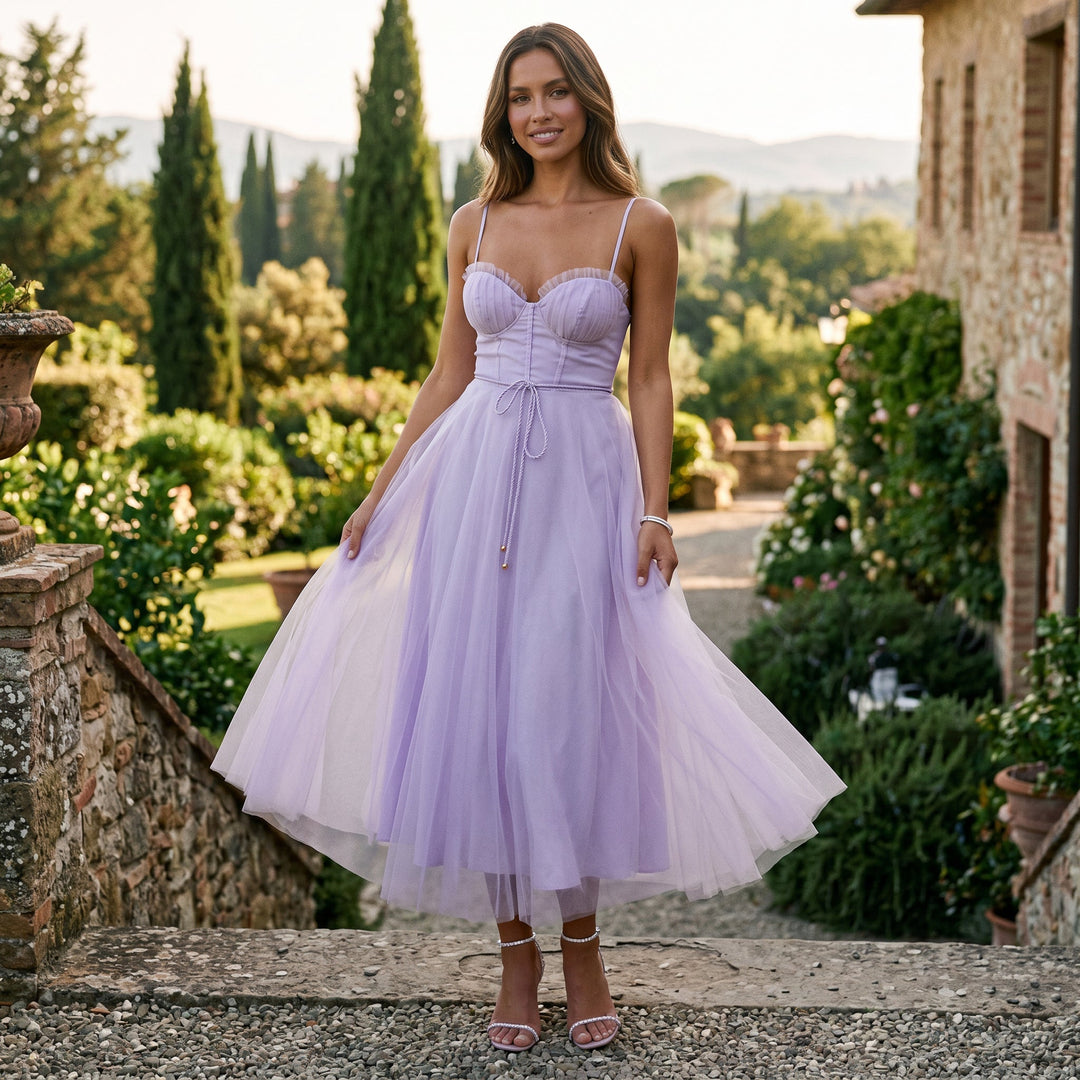 Elegant White Tulle Midi Dress for Women