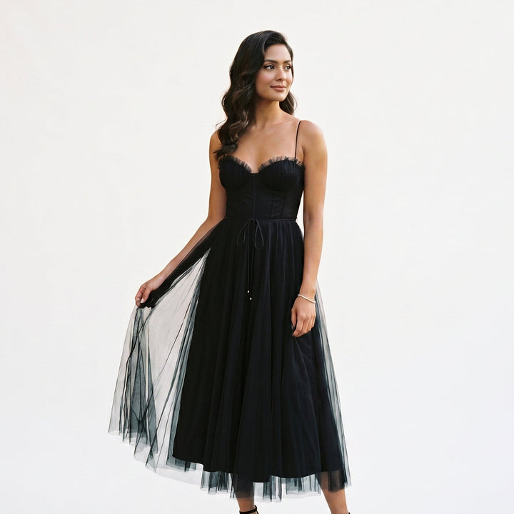 Elegant White Tulle Midi Dress for Women