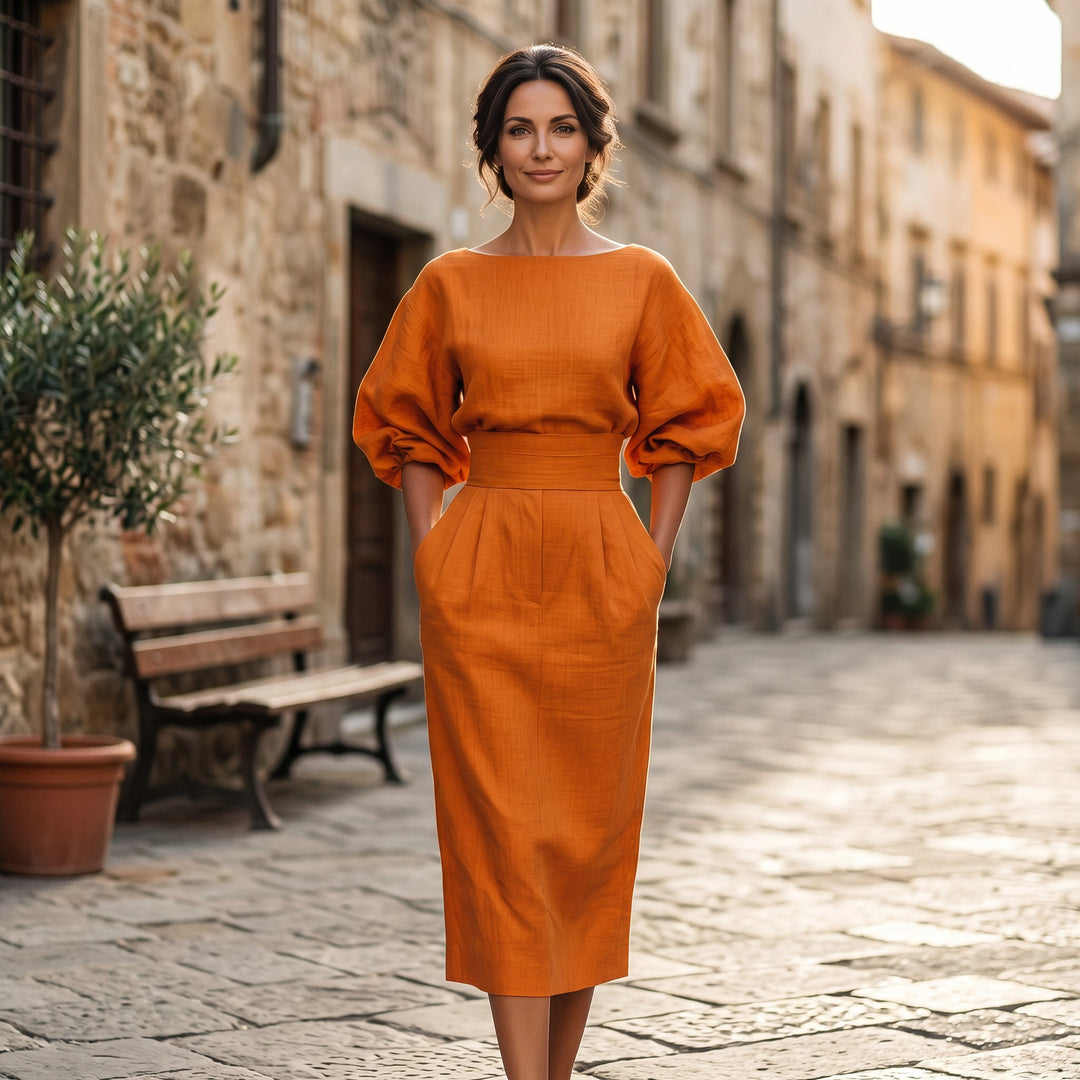 Grace - Bold Orange Midi Skirt And Top Set