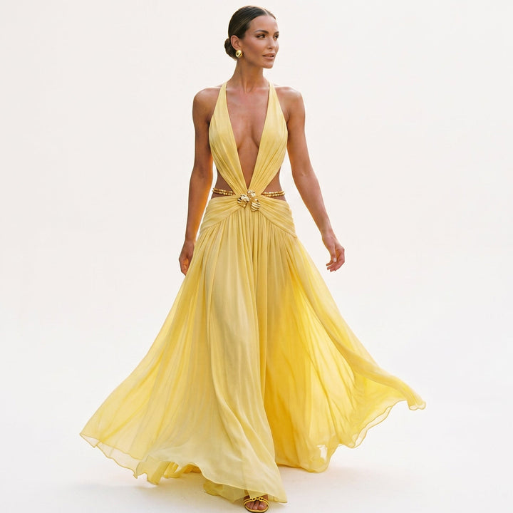 Elegant Chiffon Evening Dress with Deep V Neckline