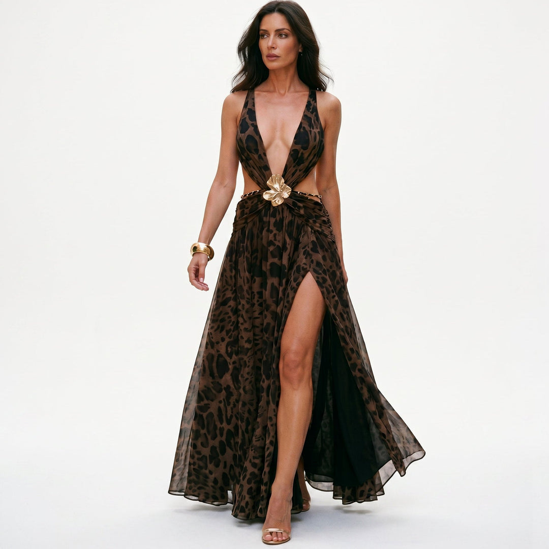 Elegant Chiffon Evening Dress with Deep V Neckline
