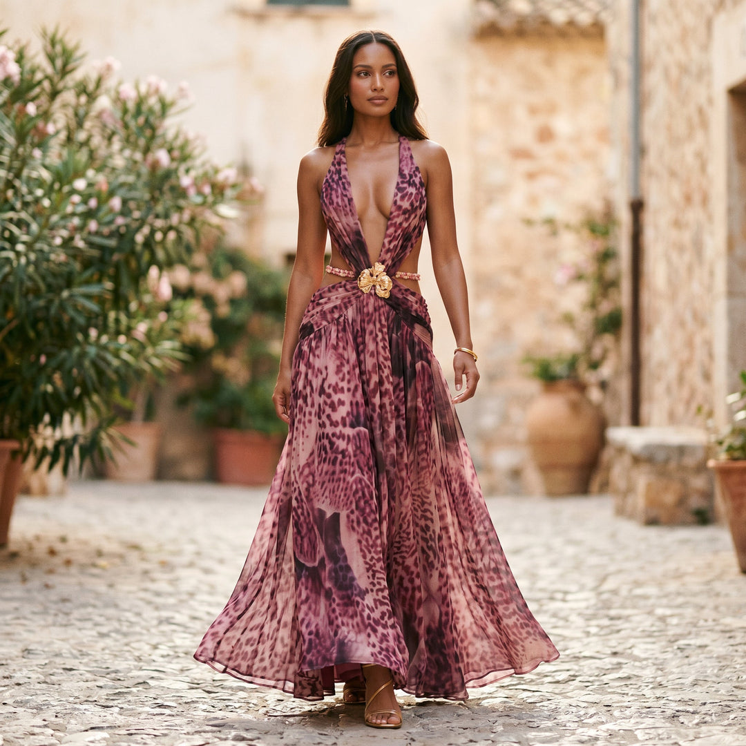 Elegant Chiffon Evening Dress with Deep V Neckline