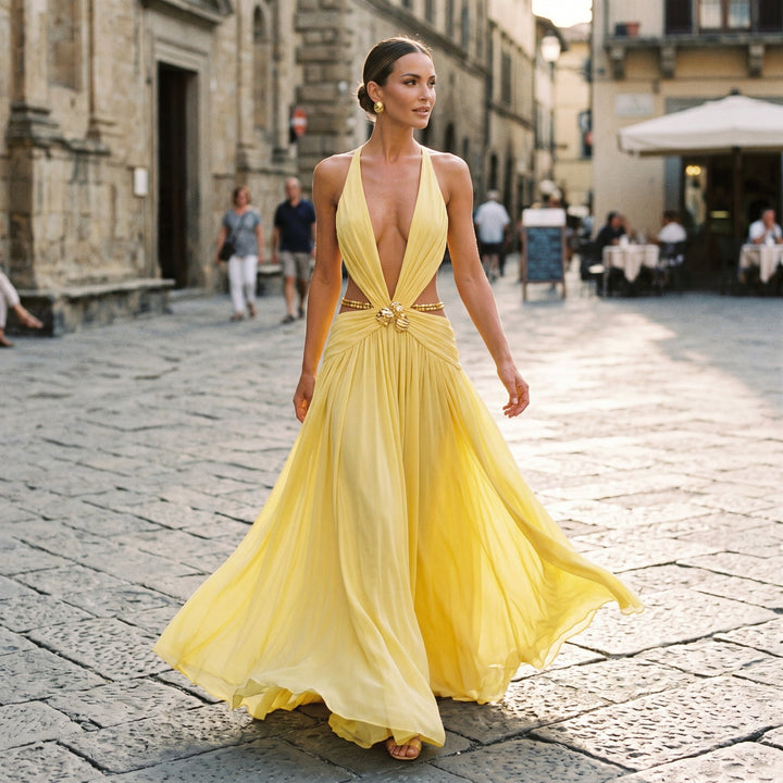 Elegant Chiffon Evening Dress with Deep V Neckline