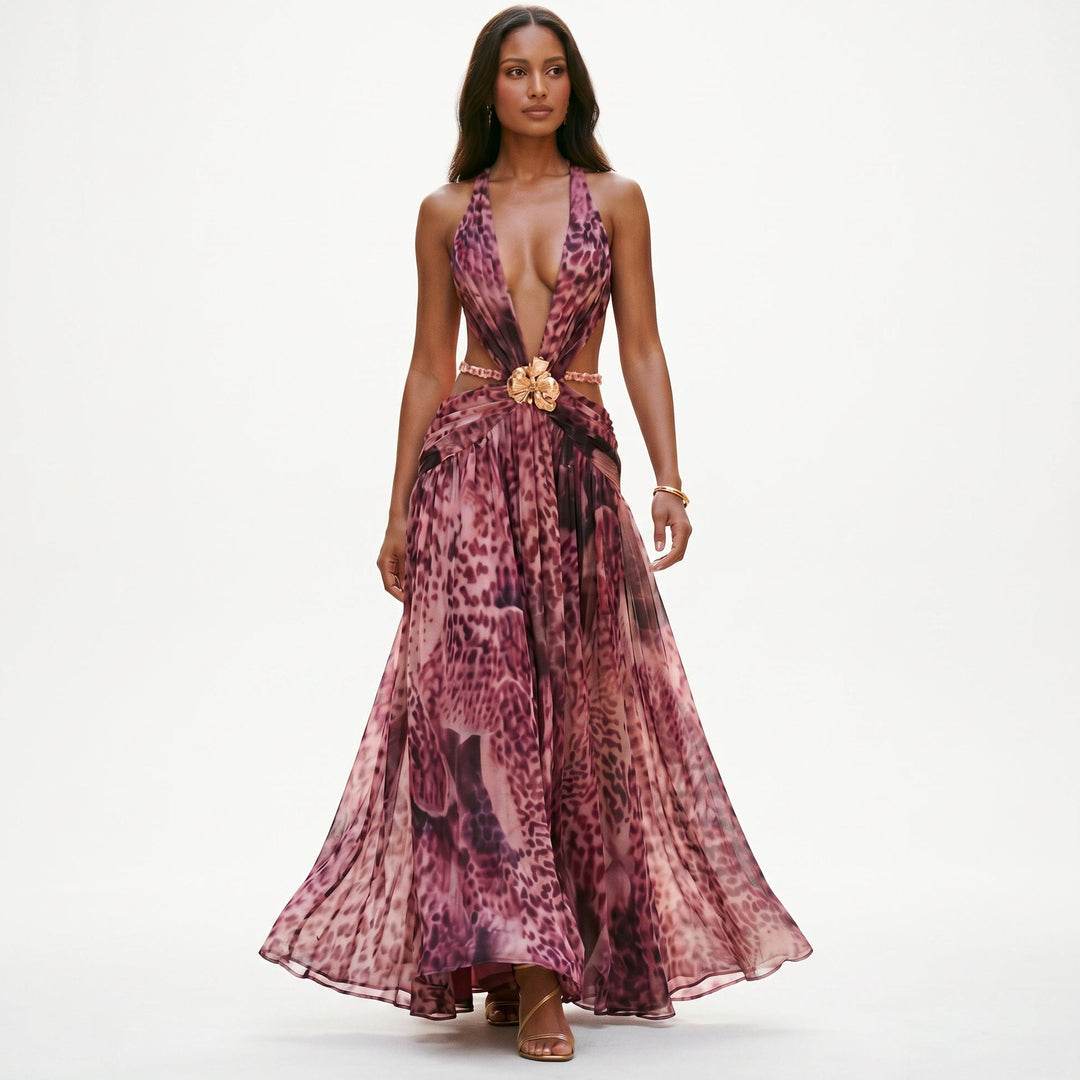 Elegant Chiffon Evening Dress with Deep V Neckline