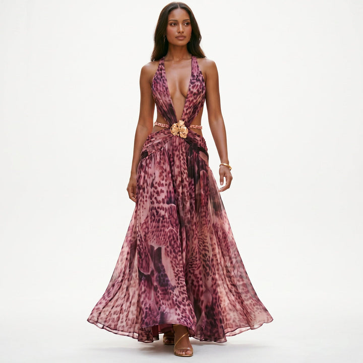 Elegant Chiffon Evening Dress with Deep V Neckline
