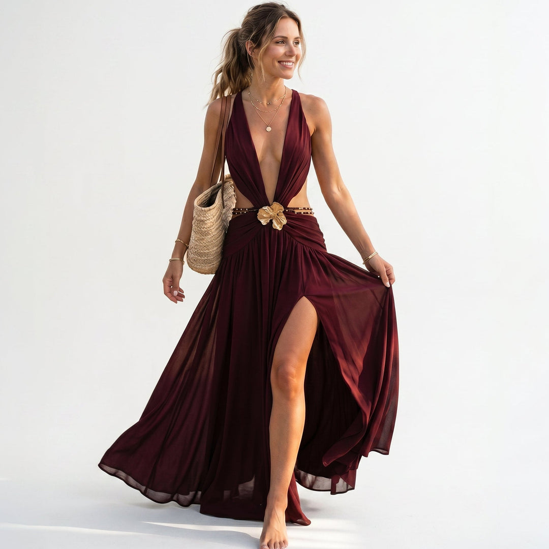 Elegant Chiffon Evening Dress with Deep V Neckline