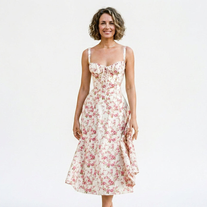 Elegant Floral Corset Summer Dress for Wedding Guests