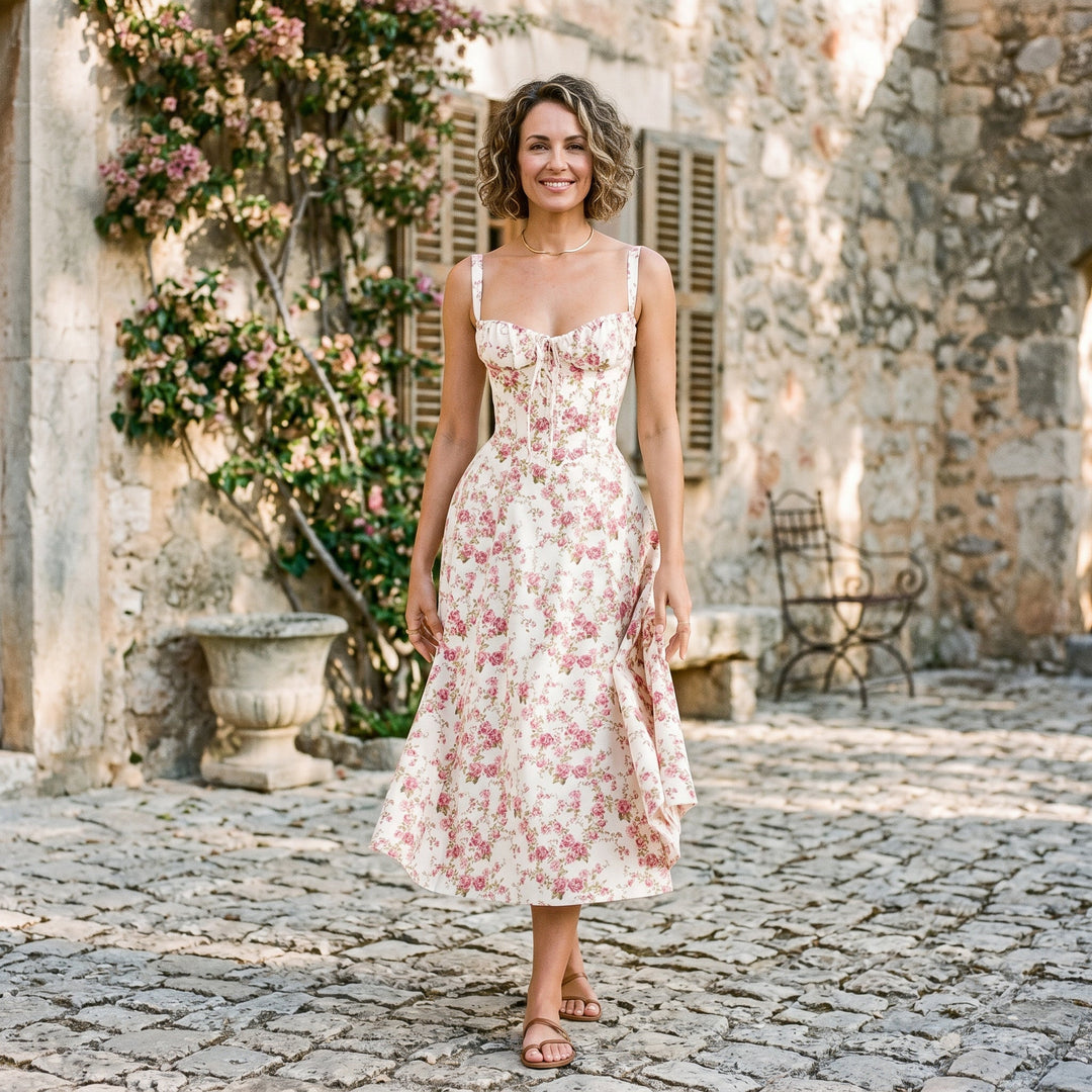 Elegant Floral Corset Summer Dress for Wedding Guests