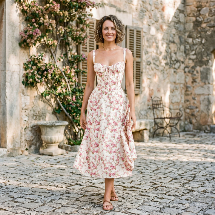 Elegant Floral Corset Summer Dress for Wedding Guests