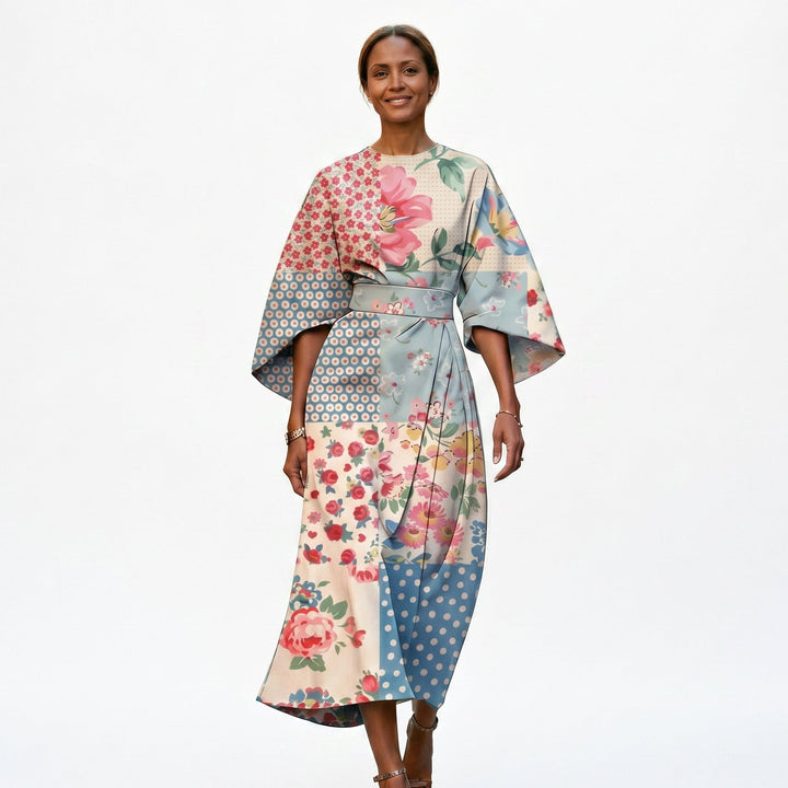 Elegant Floral Kimono Sleeve Midi Dress for Wedding Guests
