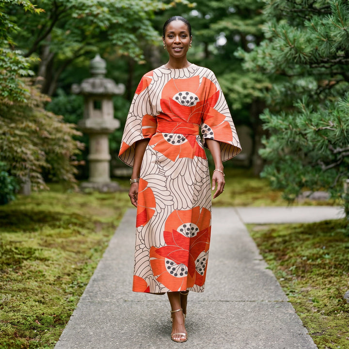 Elegant Floral Kimono Sleeve Midi Dress for Wedding Guests
