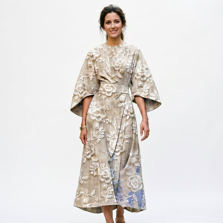 Elegant Floral Kimono Sleeve Midi Dress for Wedding Guests
