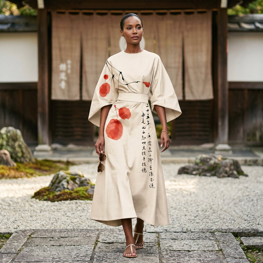 Elegant Floral Kimono Sleeve Midi Dress for Wedding Guests