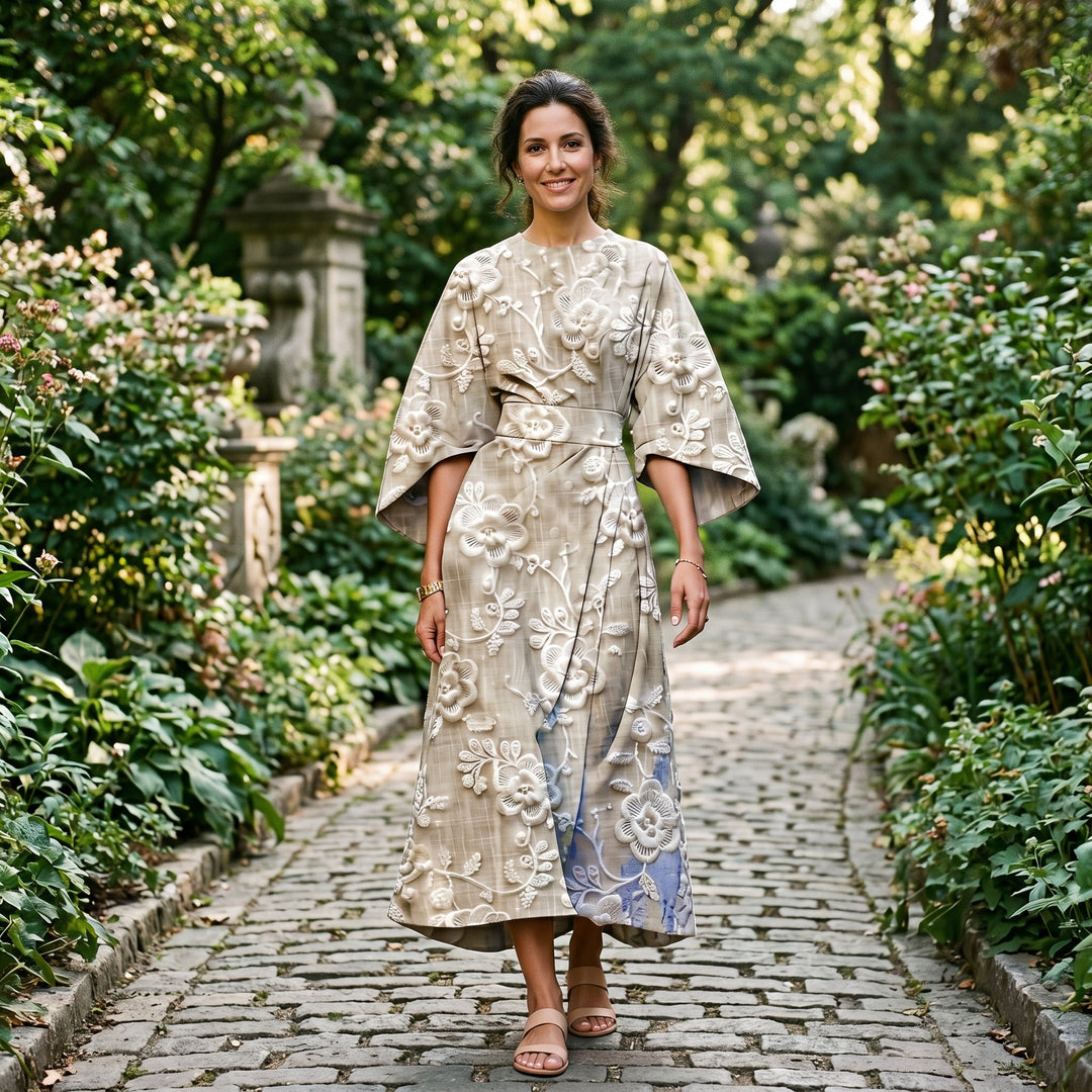 Elegant Floral Kimono Sleeve Midi Dress for Wedding Guests