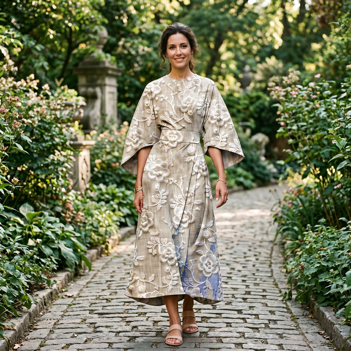 Elegant Floral Kimono Sleeve Midi Dress for Wedding Guests