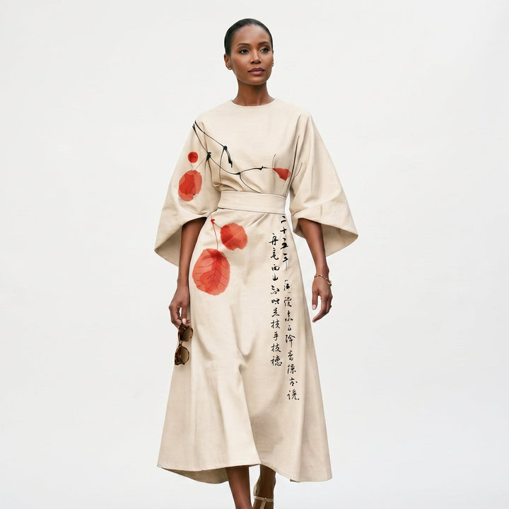 Elegant Floral Kimono Sleeve Midi Dress for Wedding Guests
