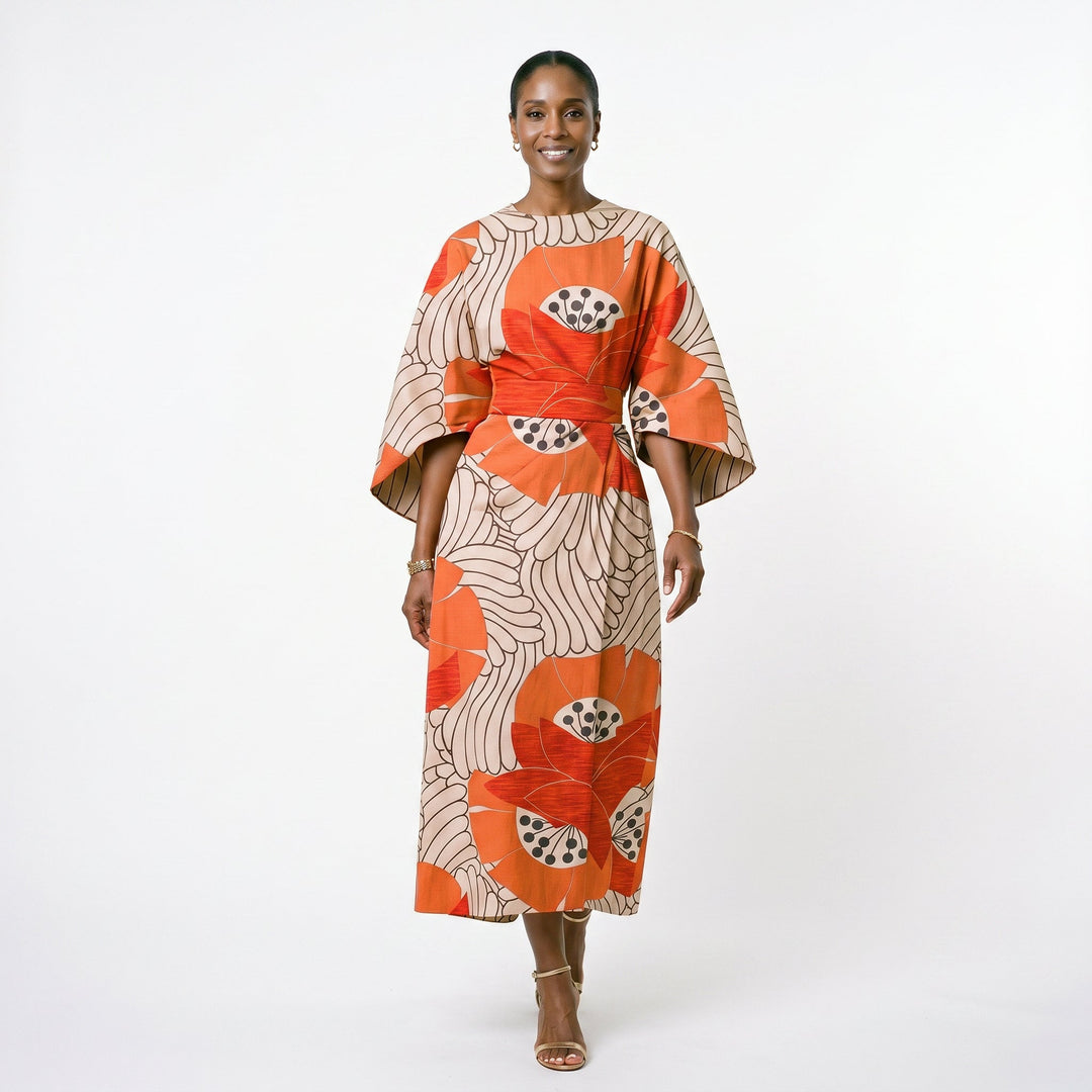 Elegant Floral Kimono Sleeve Midi Dress for Wedding Guests