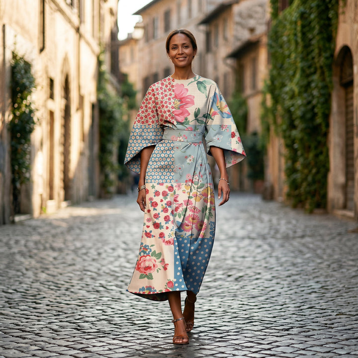 Elegant Floral Kimono Sleeve Midi Dress for Wedding Guests