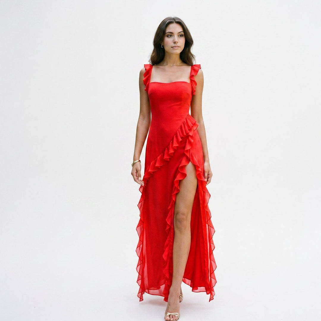 Elegant Ruffled Black Maxi Dress for Women
