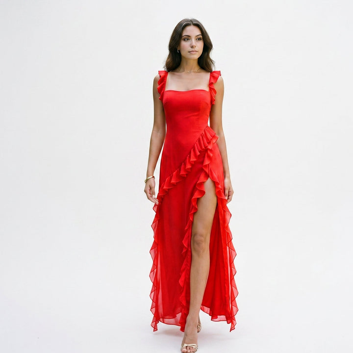 Elegant Ruffled Black Maxi Dress for Women