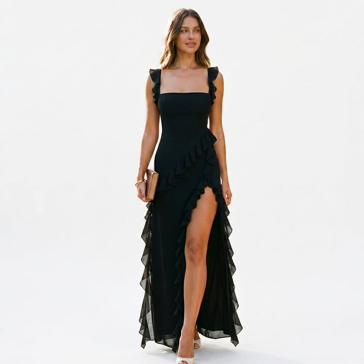 Elegant Ruffled Black Maxi Dress for Women