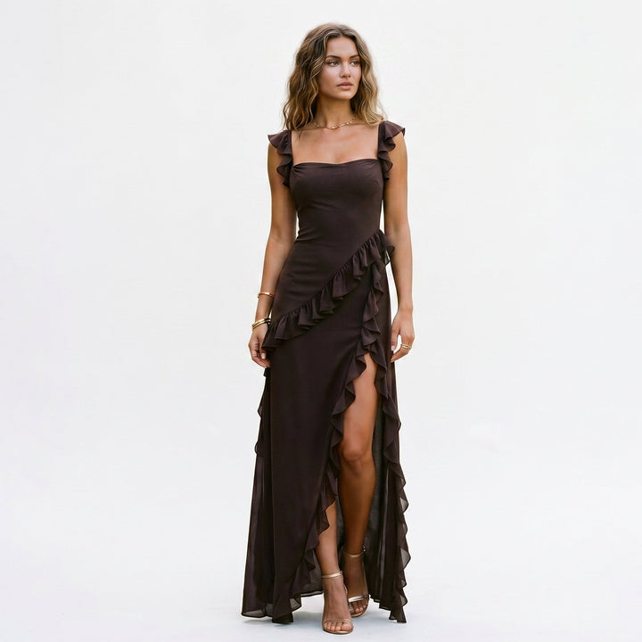 Elegant Ruffled Black Maxi Dress for Women