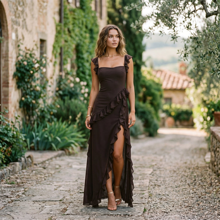 Elegant Ruffled Black Maxi Dress for Women