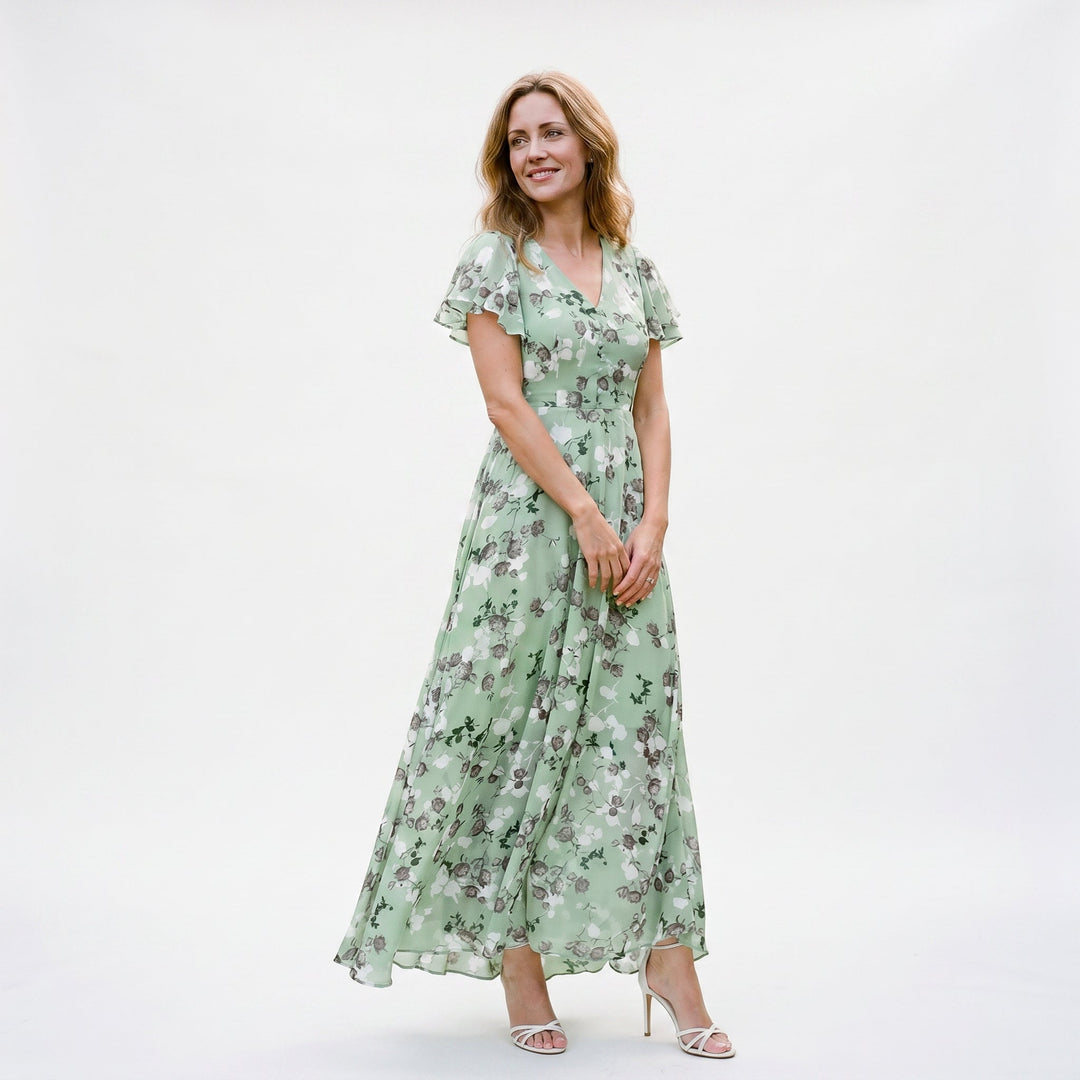 Romantic Peach Floral Summer Maxi Dress for Wedding Guests