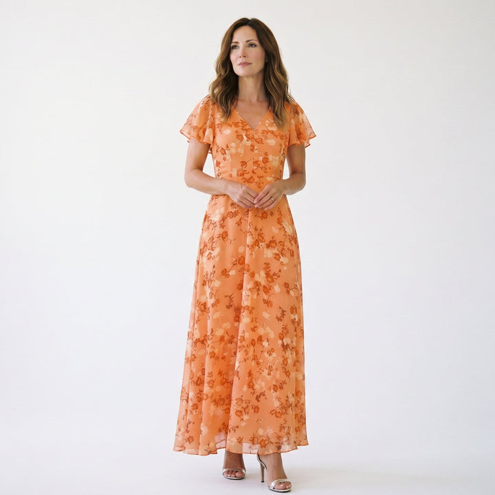 Romantic Peach Floral Summer Maxi Dress for Wedding Guests