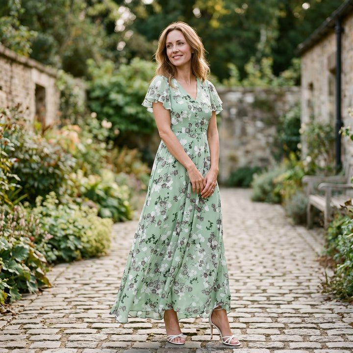 Romantic Peach Floral Summer Maxi Dress for Wedding Guests