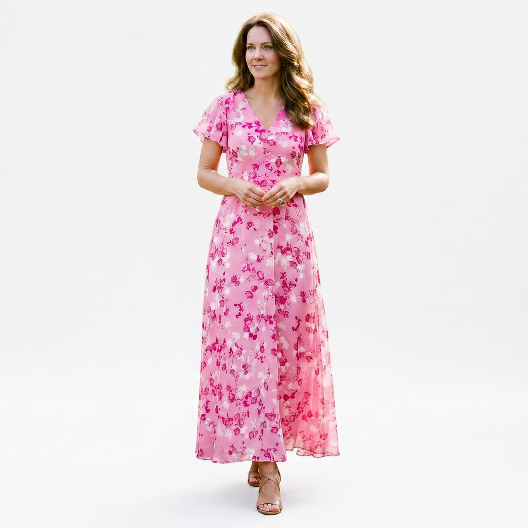 Romantic Peach Floral Summer Maxi Dress for Wedding Guests