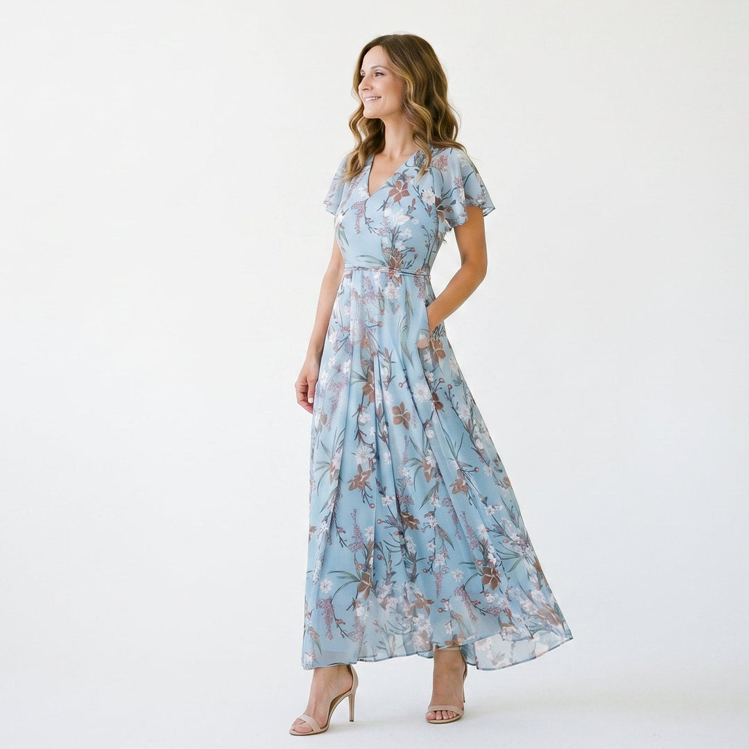 Romantic Peach Floral Summer Maxi Dress for Wedding Guests