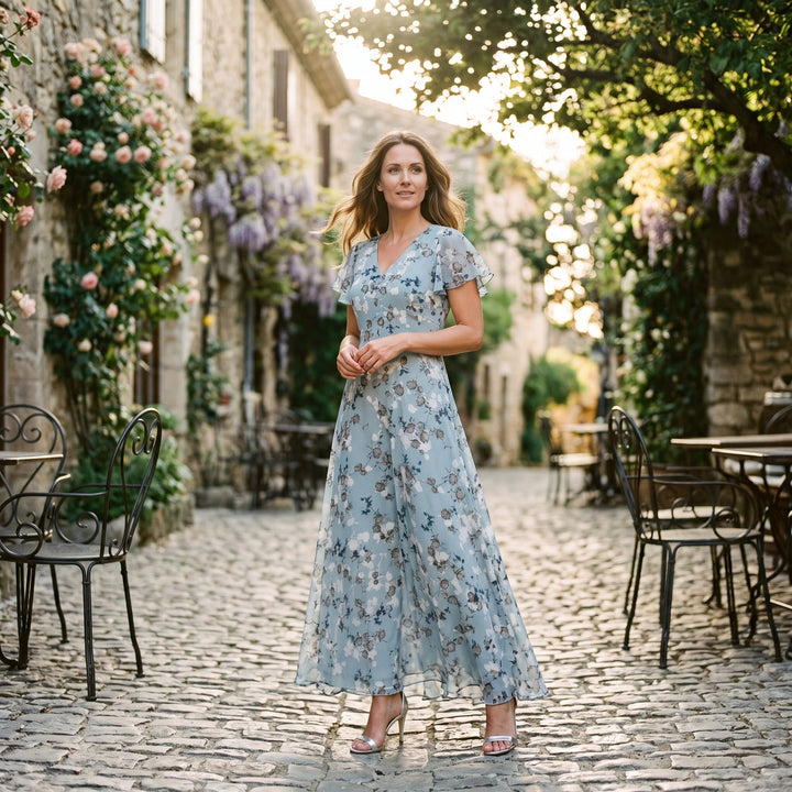 Romantic Peach Floral Summer Maxi Dress for Wedding Guests