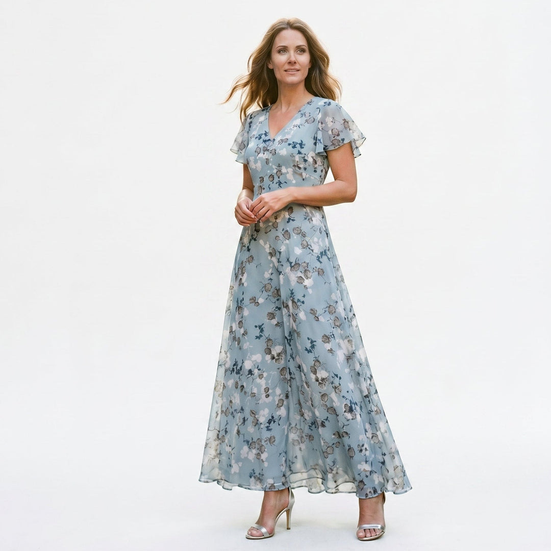Romantic Peach Floral Summer Maxi Dress for Wedding Guests