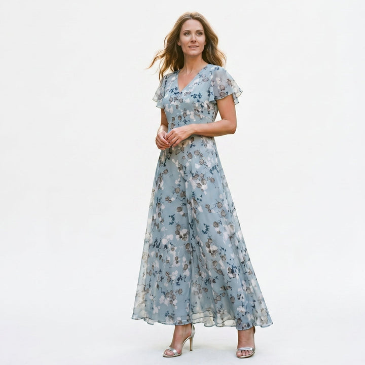 Romantic Peach Floral Summer Maxi Dress for Wedding Guests