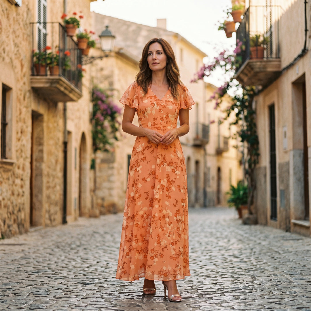 Romantic Peach Floral Summer Maxi Dress for Wedding Guests