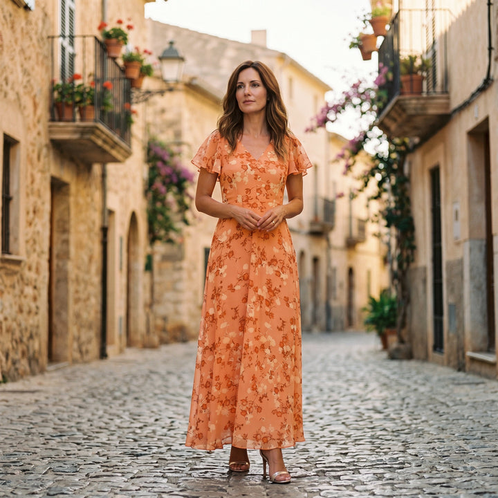 Romantic Peach Floral Summer Maxi Dress for Wedding Guests