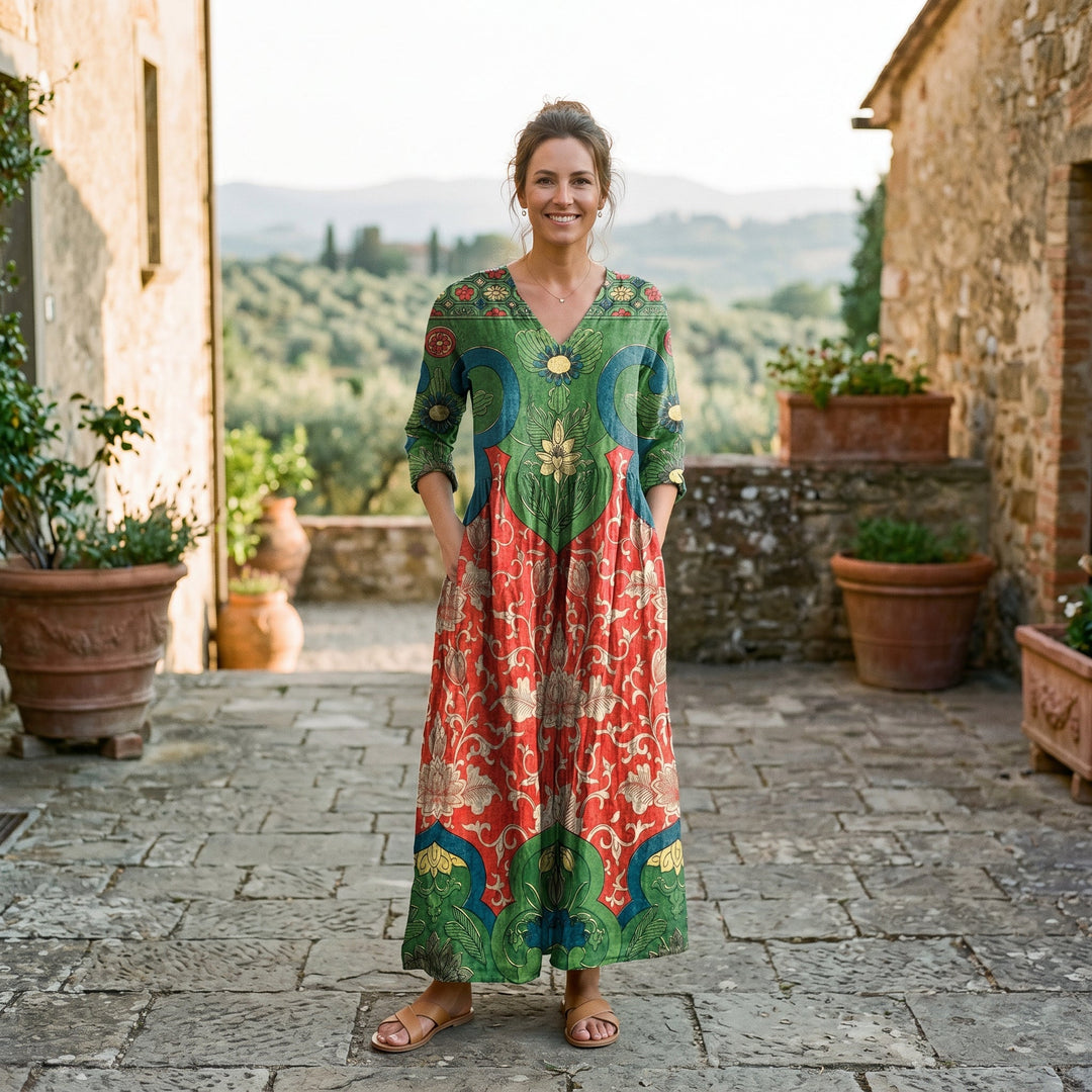 Vibrant Floral Maxi Dress for Women, Relaxed V-Neck Long Dress