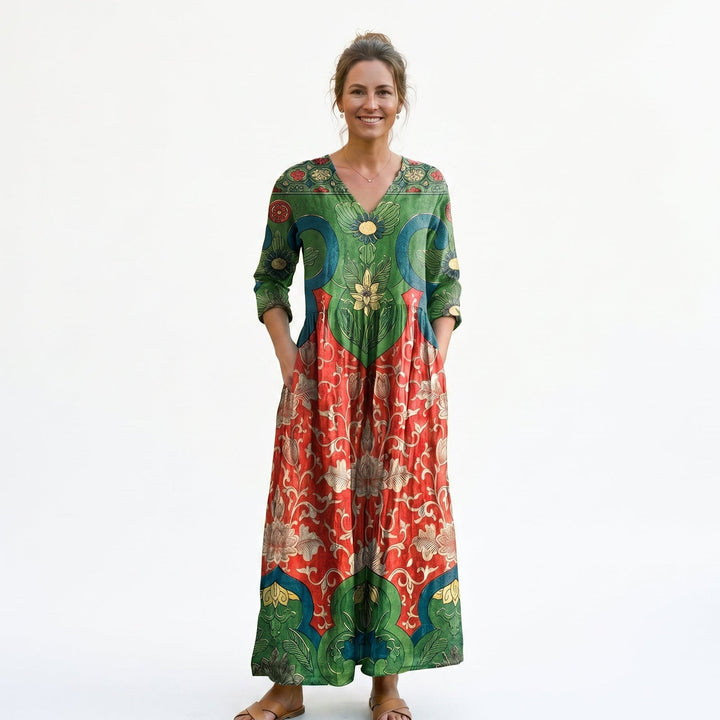 Vibrant Floral Maxi Dress for Women, Relaxed V-Neck Long Dress