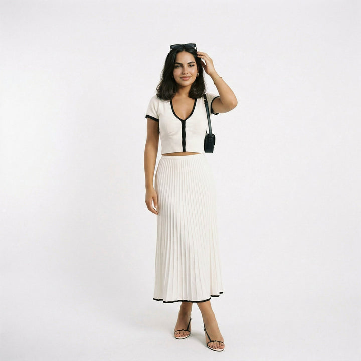 Minimalist Contrast Trim Sweater Skirt Set for Women