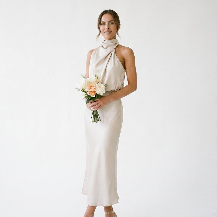 Elegant Draped Summer Midi Dress for Weddings