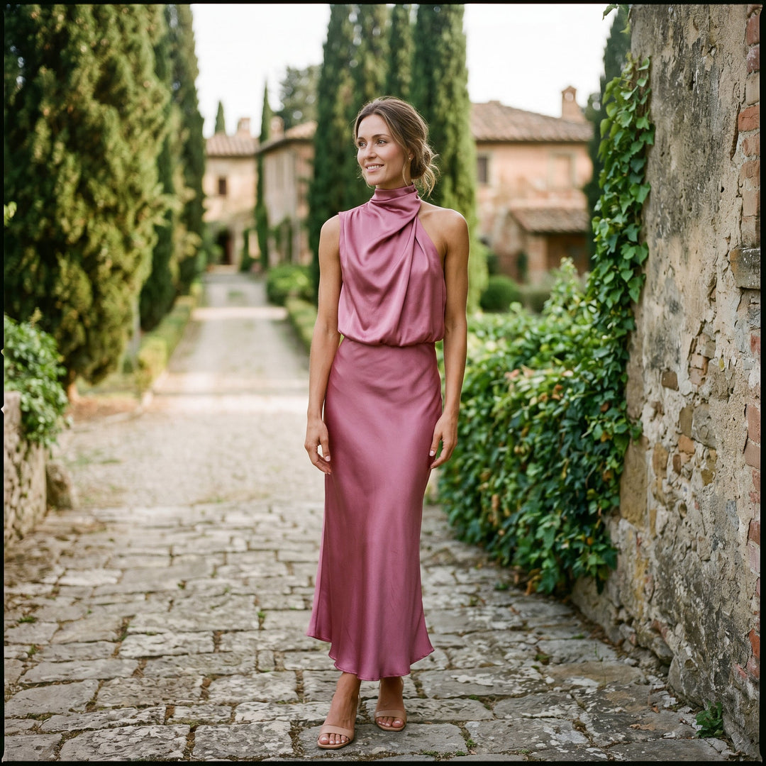 Elegant Draped Summer Midi Dress for Weddings