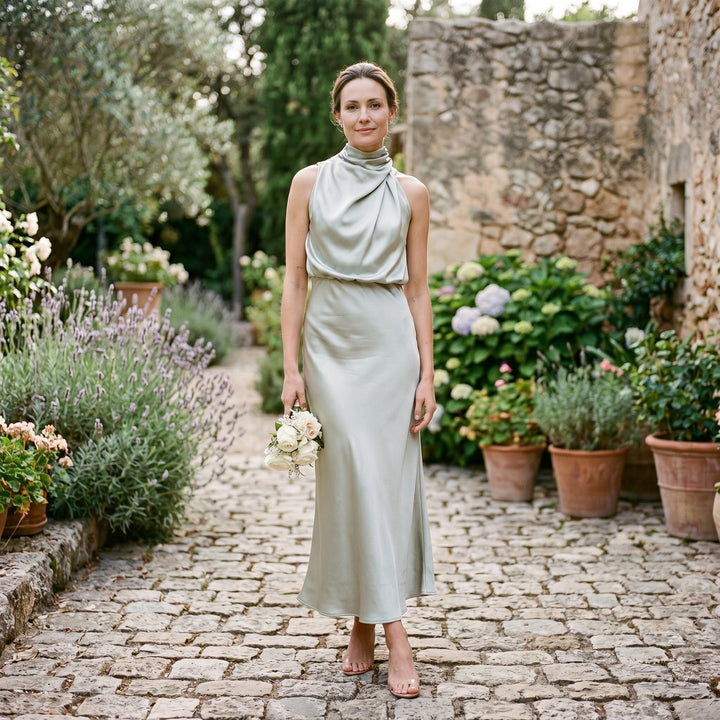 Elegant Draped Summer Midi Dress for Weddings