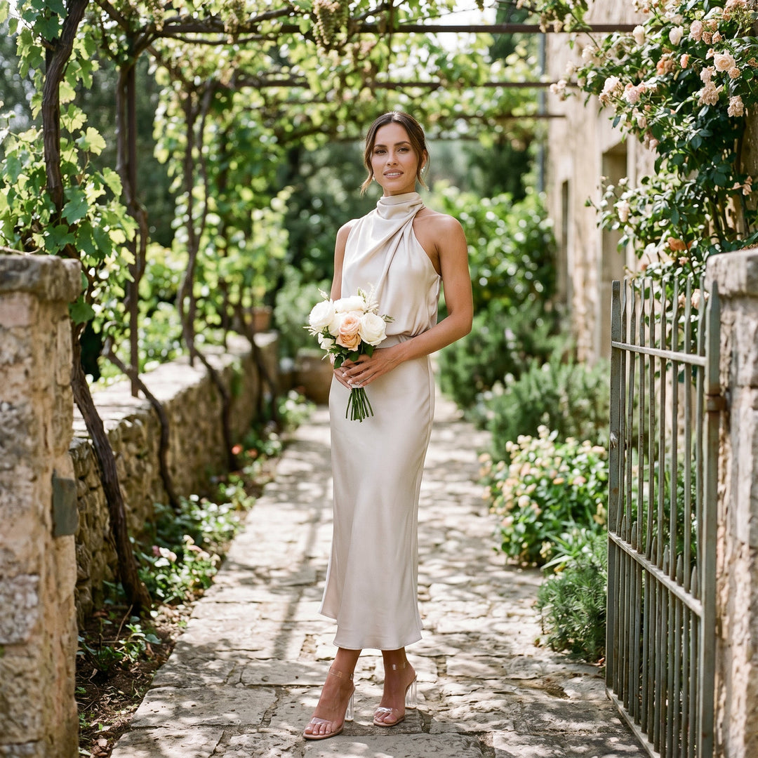 Elegant Draped Summer Midi Dress for Weddings
